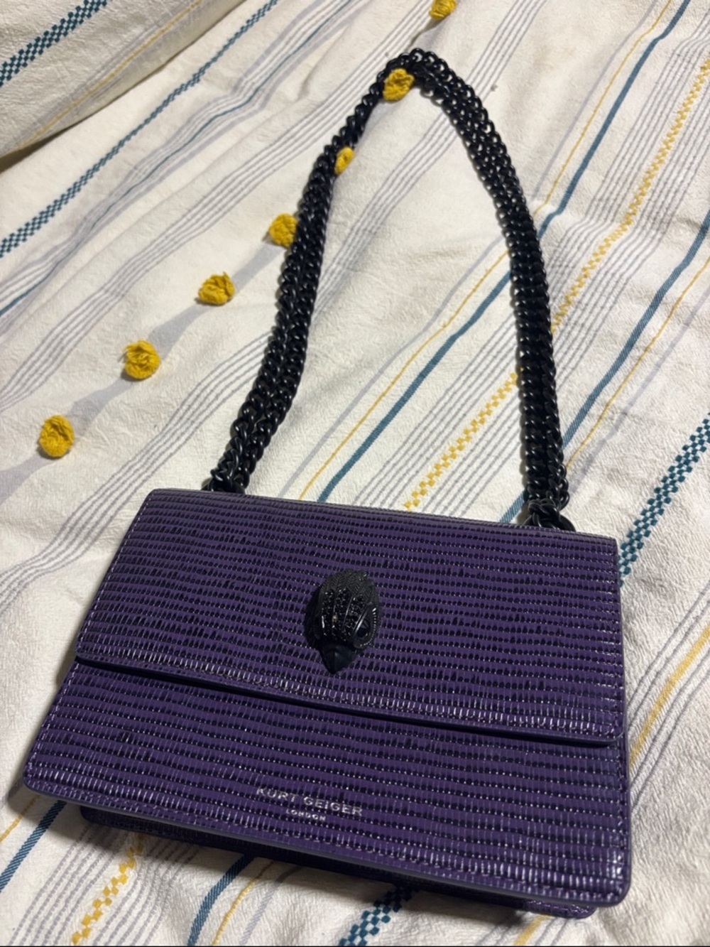 Kurt Geiger The Shoreditch Purple Textured Shoulder Bag with Black Chain